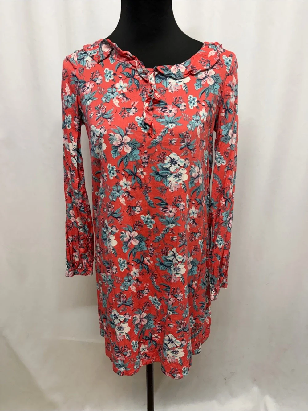 Pepe Jeans Girls Size 16 Coral Floral A-Line Dress Long Sleeve Ruffle Neck Knit